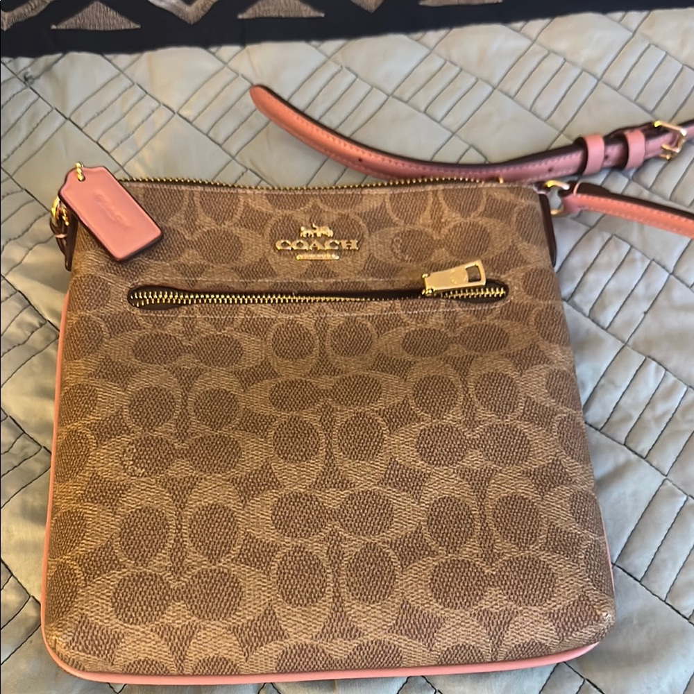 Coach Pink and Brown Crossbody Bag with Signature Monogram